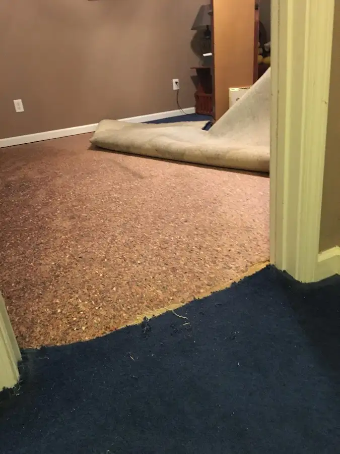 Carpet pad removal revealing water damage during Drying & Dehumidification in Prairie Ridge